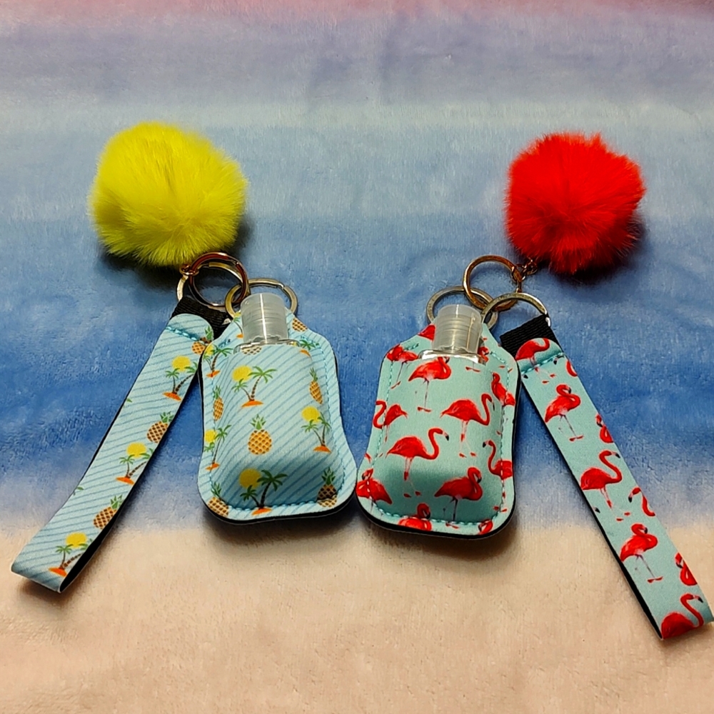 Lot of 2 NWOT Sanitizer Bottle PomPom Keychains Pineapple & Flamingos Vacay